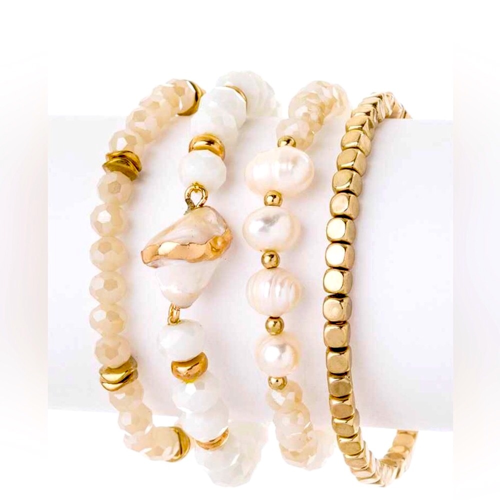 4PC Cream and Gold Beads Minimalist Bracelet Set